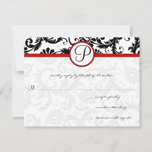 Red Black White Damask Floral Swirl RSVP-kaarten RSVP Kaartje (Voorkant)