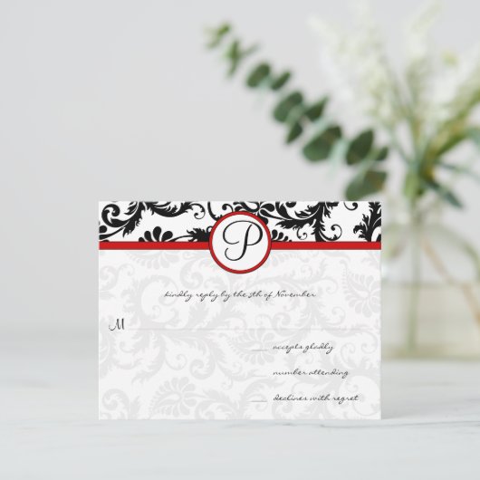 Red Black White Damask Floral Swirl RSVP-kaarten RSVP Kaartje (Staand voorkant)
