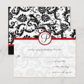 Red Black White Damask Floral Swirl RSVP-kaarten RSVP Kaartje (Voorkant / Achterkant)