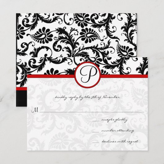 Red Black White Damask Floral Swirl RSVP-kaarten RSVP Kaartje (Voorkant / Achterkant)