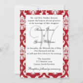 Red Black White Damask Monogram Weddenschap Kaart (Achterkant)