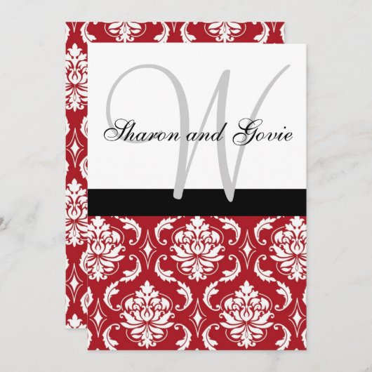 Red Black White Damask Monogram Weddenschap Kaart (Voorkant / Achterkant)