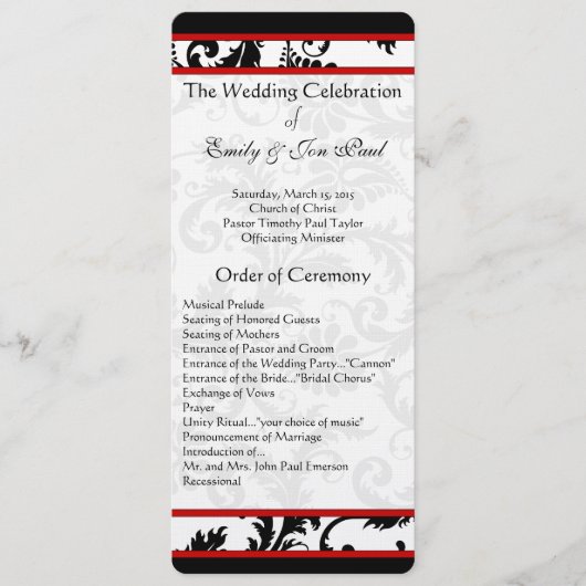 Red Black White Damask Swirl Wedding Programme Programmakaart (Voorkant)