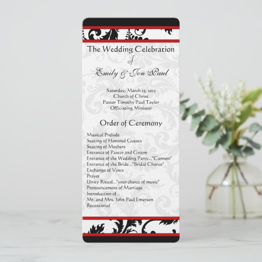 Red Black White Damask Swirl Wedding Programme Programmakaart (Staand voorkant)