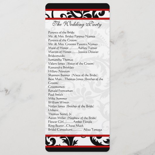 Red Black White Damask Swirl Wedding Programme Programmakaart (Achterkant)