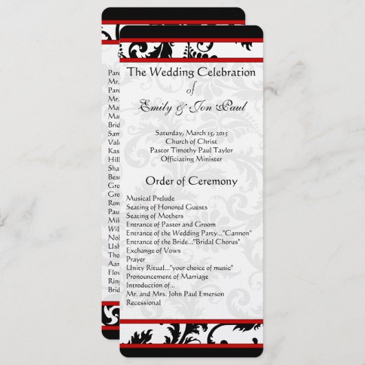 Red Black White Damask Swirl Wedding Programme Programmakaart (Voorkant / Achterkant)