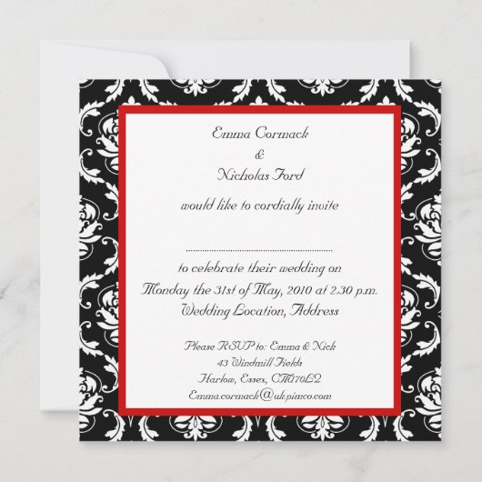 Red Black White Damask Weddenschap Kaart (Achterkant)