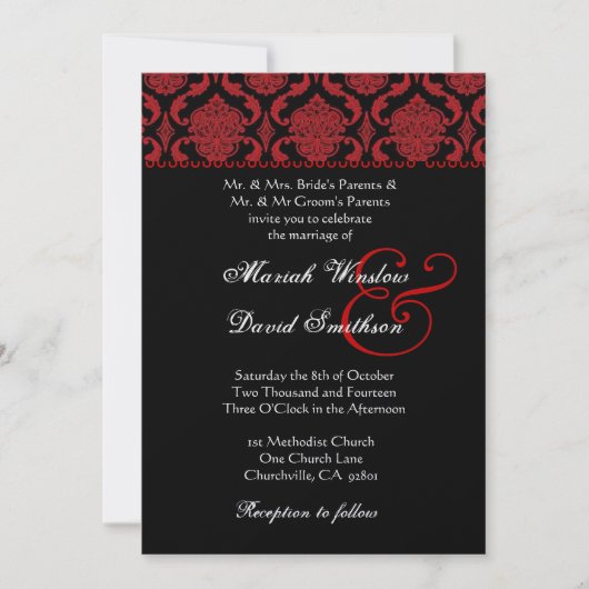 Red Black White Damask Wedding Metallic Sjabloon Kaart (Voorkant)