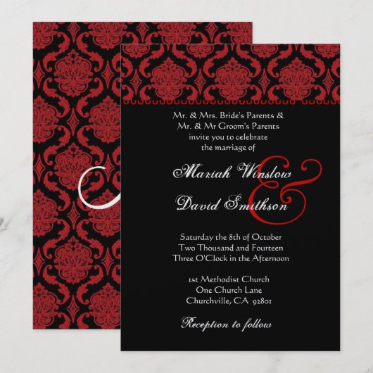 Red Black White Damask Wedding Metallic Sjabloon Kaart (Voorkant / Achterkant)