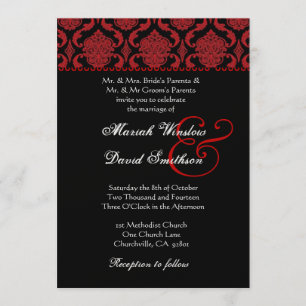 Red Black White Damask Wedding Metallic Sjabloon Kaart