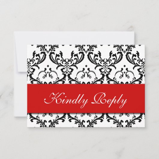 Red Black White Damask Wedding RSVP Kaartje (Voorkant)