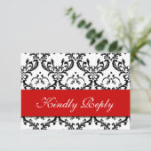 Red Black White Damask Wedding RSVP Kaartje (Staand voorkant)