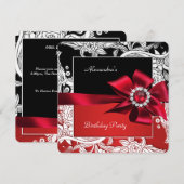 Red Black White Floral Birthday Party Kaart (Voorkant / Achterkant)