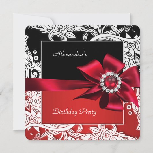 Red Black White Floral Birthday Party Kaart (Voorkant)