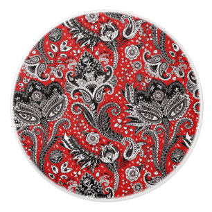 Red Black & White Floral Paisley Bohemian Boho Keramische Knop