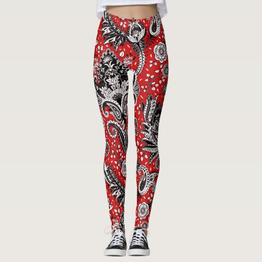 Red Black & White Floral Paisley Bohemian Boho Leggings (Voorkant)
