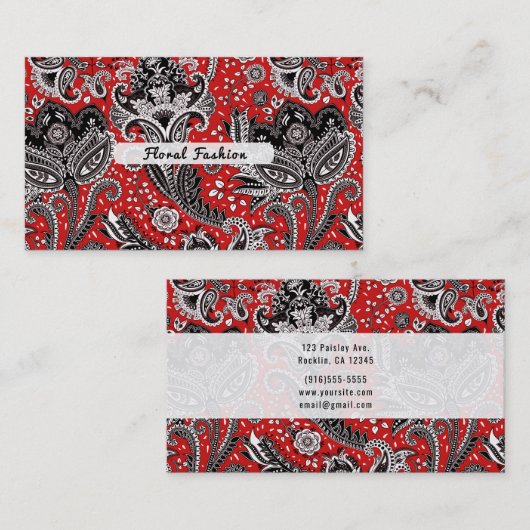 Red Black & White Floral Paisley Bohemian Boho Visitekaartje (Voorkant / Achterkant)