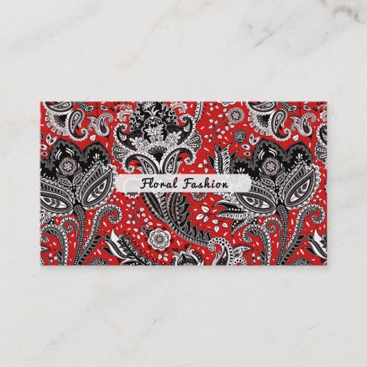 Red Black & White Floral Paisley Bohemian Boho Visitekaartje (Voorkant)