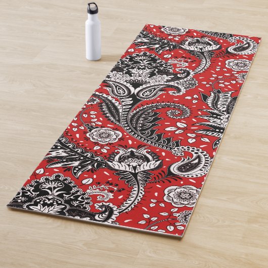 Red Black & White Floral Paisley Bohemian Boho Yogamat (In situ)