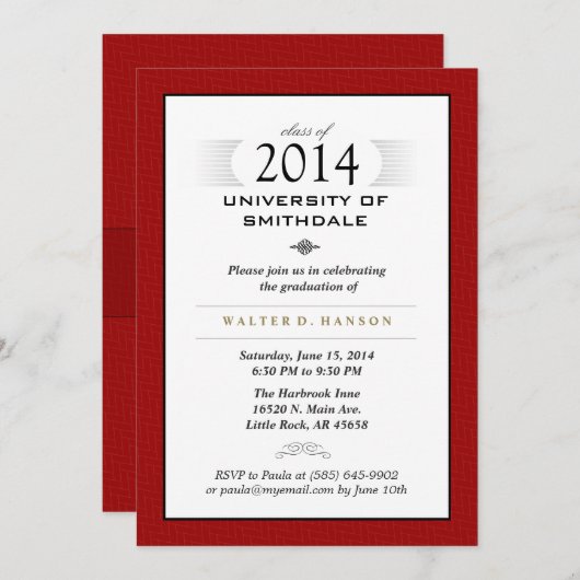 Red Black & White Formal Graduation Party Invite Kaart (Voorkant / Achterkant)