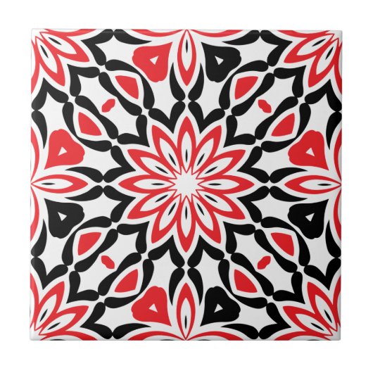 Red Black White Geometric Ethnic Kaleidoscopic Tegeltje (Voorkant)