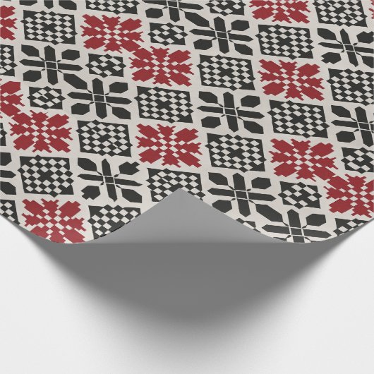 Red Black White Geometric Folk Pattern Cadeaupapier (Hoek)