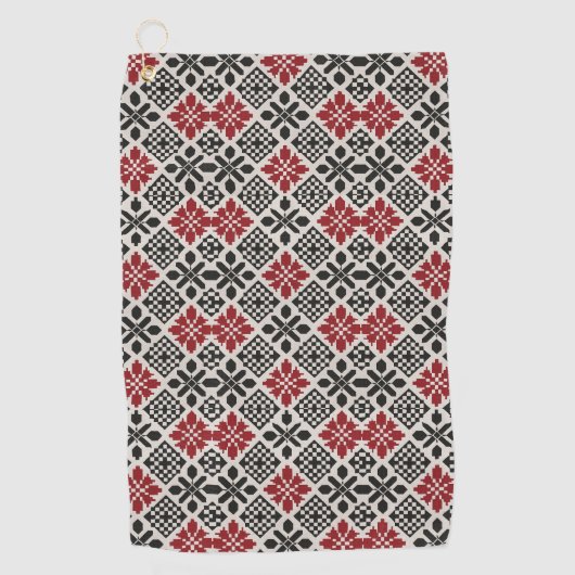 Red Black White Geometric Folk Pattern Golfhanddoek (Voorkant)