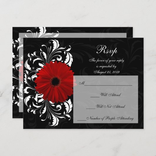 Red+Black+White Gerbera Daisy RSVP Reageer Uitnodiging Briefkaart (Voorkant / Achterkant)