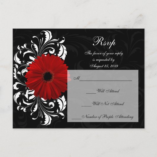 Red+Black+White Gerbera Daisy RSVP Reageer Uitnodiging Briefkaart (Voorkant)