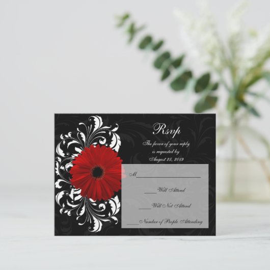 Red+Black+White Gerbera Daisy RSVP Reageer Uitnodiging Briefkaart (Staand voorkant)