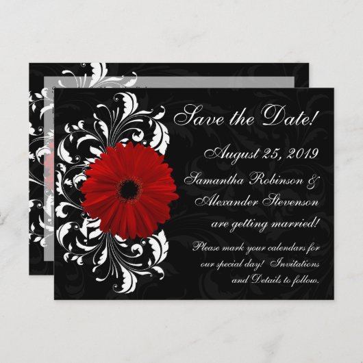 Red+Black+White Gerbera Daisy Sla de datum op Aankondigingskaart (Voorkant / Achterkant)