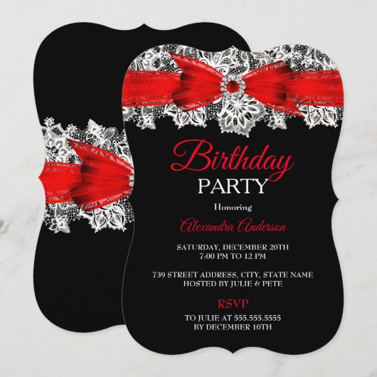 Red black white Lace Bow verjaardagsfeest Kaart (Voorkant / Achterkant)