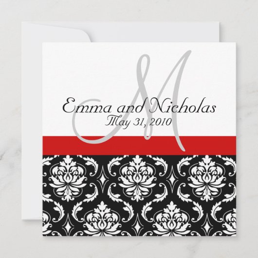 Red Black White Monogram Damask Wedding Invite Kaart (Voorkant)