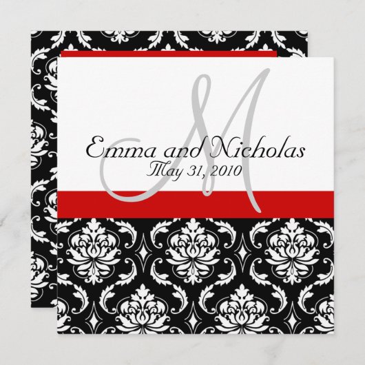 Red Black White Monogram Damask Wedding Invite Kaart (Voorkant / Achterkant)