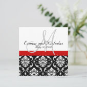 Red Black White Monogram Damask Wedding Invite Kaart (Staand voorkant)