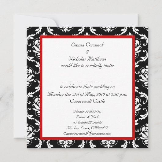 Red Black White Monogram Damask Wedding Invite Kaart (Achterkant)