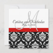 Red Black White Monogram Damask Wedding Invite Kaart (Voorkant)