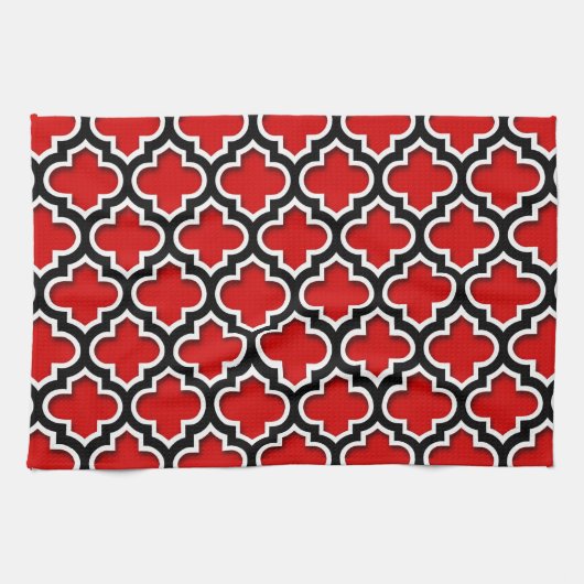 Red Black White Moroccan Quatrefoil Pattern #5DS Theedoek (Horizontaal)