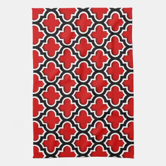 Red Black White Moroccan Quatrefoil Pattern #5DS Theedoek (Verticaal)