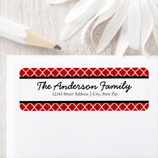 Red Black & White Quatrefoil-Return-adreslabels Etiket (Insitu)