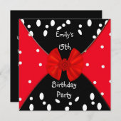 Red Black White Spot Invitation Cute Bow 15th Kaart (Voorkant / Achterkant)