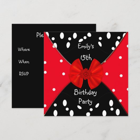 Red Black White Spot Invitation Cute Bow 15th Kaart (Voorkant / Achterkant)