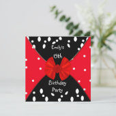 Red Black White Spot Invitation Cute Bow 15th Kaart (Staand voorkant)