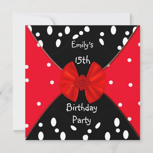 Red Black White Spot Invitation Cute Bow 15th Kaart (Voorkant)