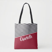 Red Black White Striped Pattern Persoonlijke naam Tote Bag (Voorkant)