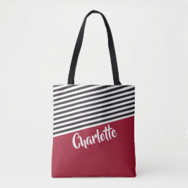Red Black White Striped Pattern Persoonlijke naam Tote Bag