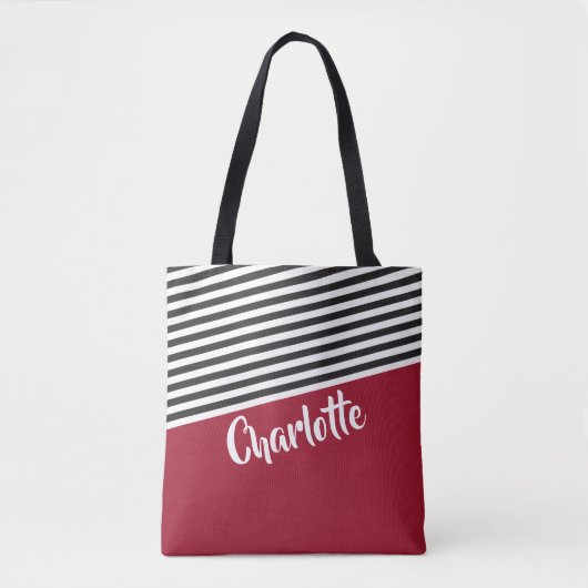 Red Black White Striped Pattern Persoonlijke naam Tote Bag (Voorkant)