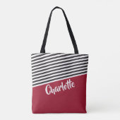 Red Black White Striped Pattern Persoonlijke naam Tote Bag (Achterkant)
