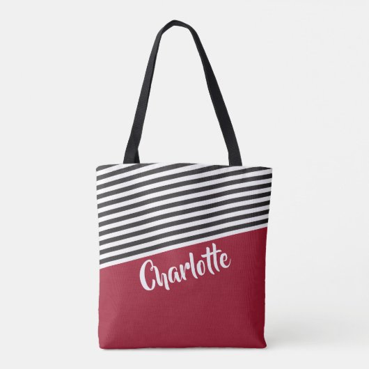 Red Black White Striped Pattern Persoonlijke naam Tote Bag (Achterkant)