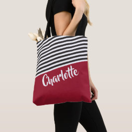 Red Black White Striped Pattern Persoonlijke naam Tote Bag